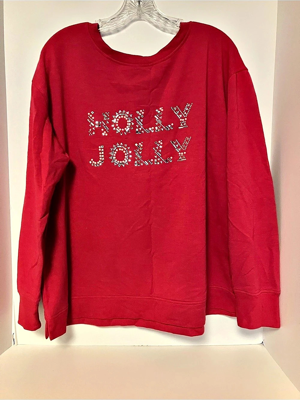 Ann Taylor Embellished Joyful Sweatshirt in Red XL Like New